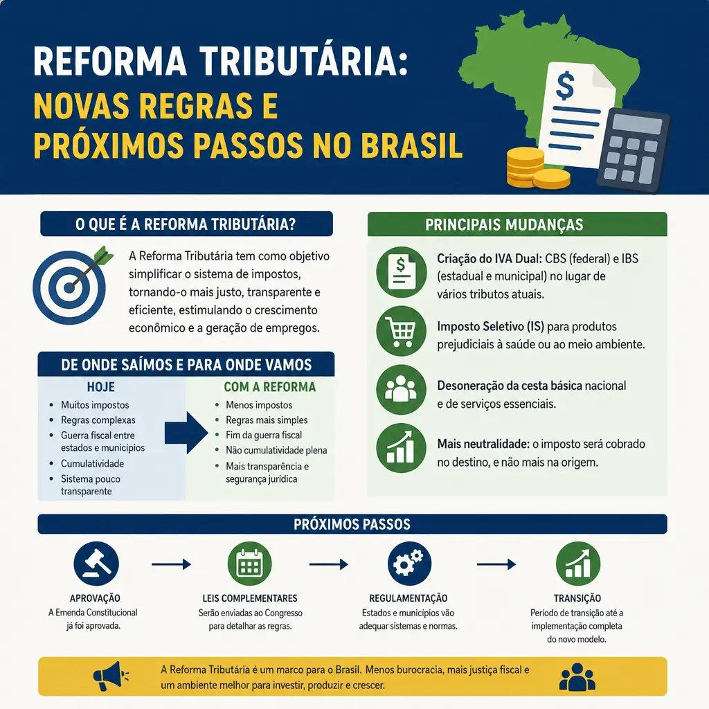 Infográfico sobre reforma tributária no Brasil com novas regras e próximos passos, destacando IVA dual, Imposto Seletivo, desoneração e transição, com mapa do país e ícones financeiros.