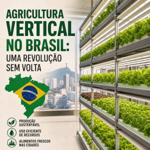 Agricultura vertical no Brasil: uma revolução sem volta, com estufas internas cheias de hortaliças verdes em prateleiras metálicas e texto informativo em destaque.