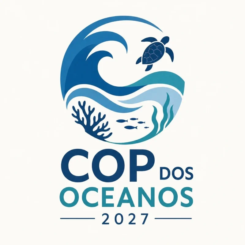 Logo da COP dos Oceanos 2027 com ícone de onda e tartaruga, reforçando a realização da conferência no Brasil em 2027.