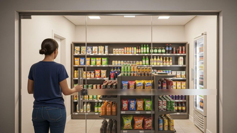 Pessoa em um corredor de prédio observa um mercadinho no condomínio, com prateleiras cheias de alimentos e bebidas; tema Papo de síndico sobre regras no apê.
