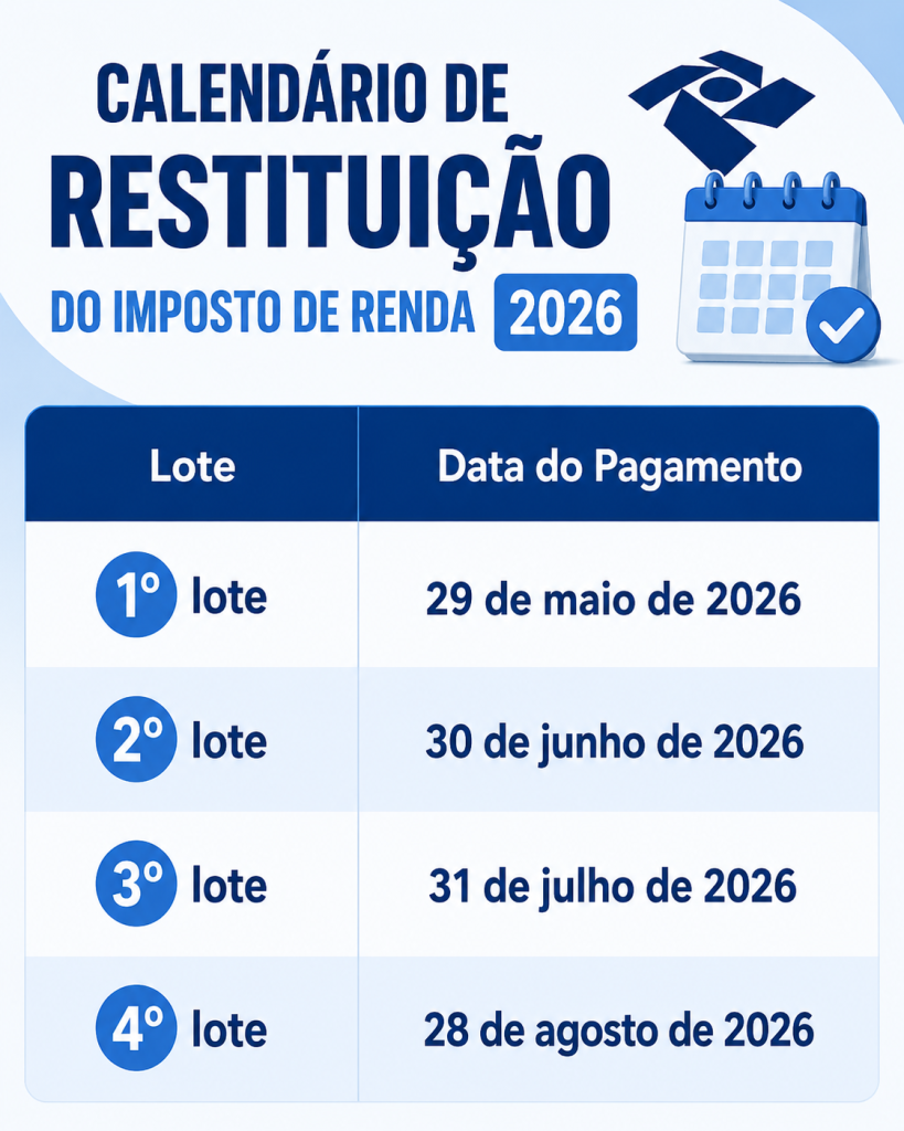 Calendário com as datas de pagamento dos lotes da restituição do Imposto de Renda 2026.