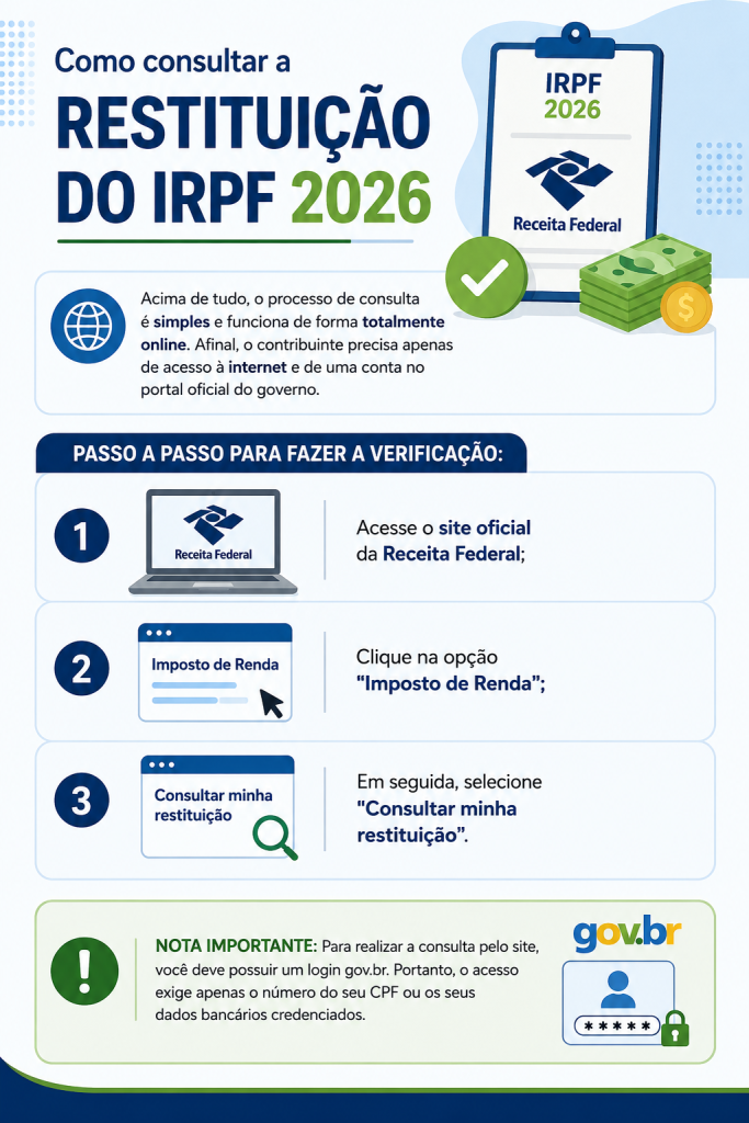 Interface do Portal e-CAC para solicitação de restituição do Imposto de Renda 2026 pendente.