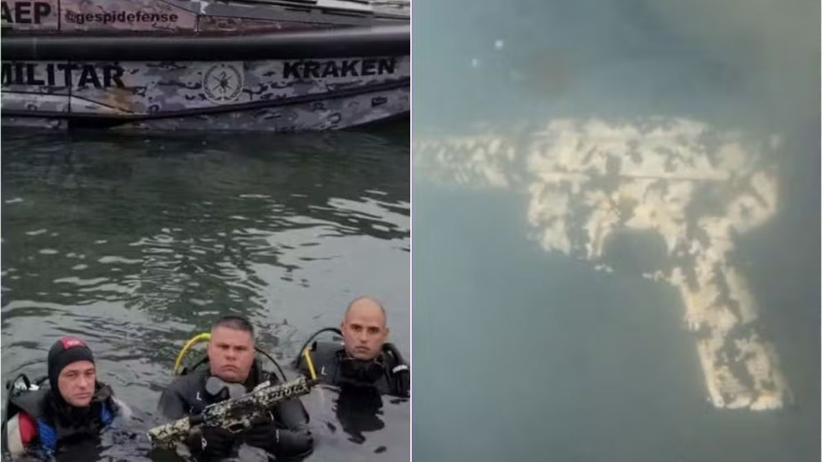 Fuzil de guerra apreendido pela Polícia Militar após ser localizado submerso no Canal de Santos, na região do Guarujá.