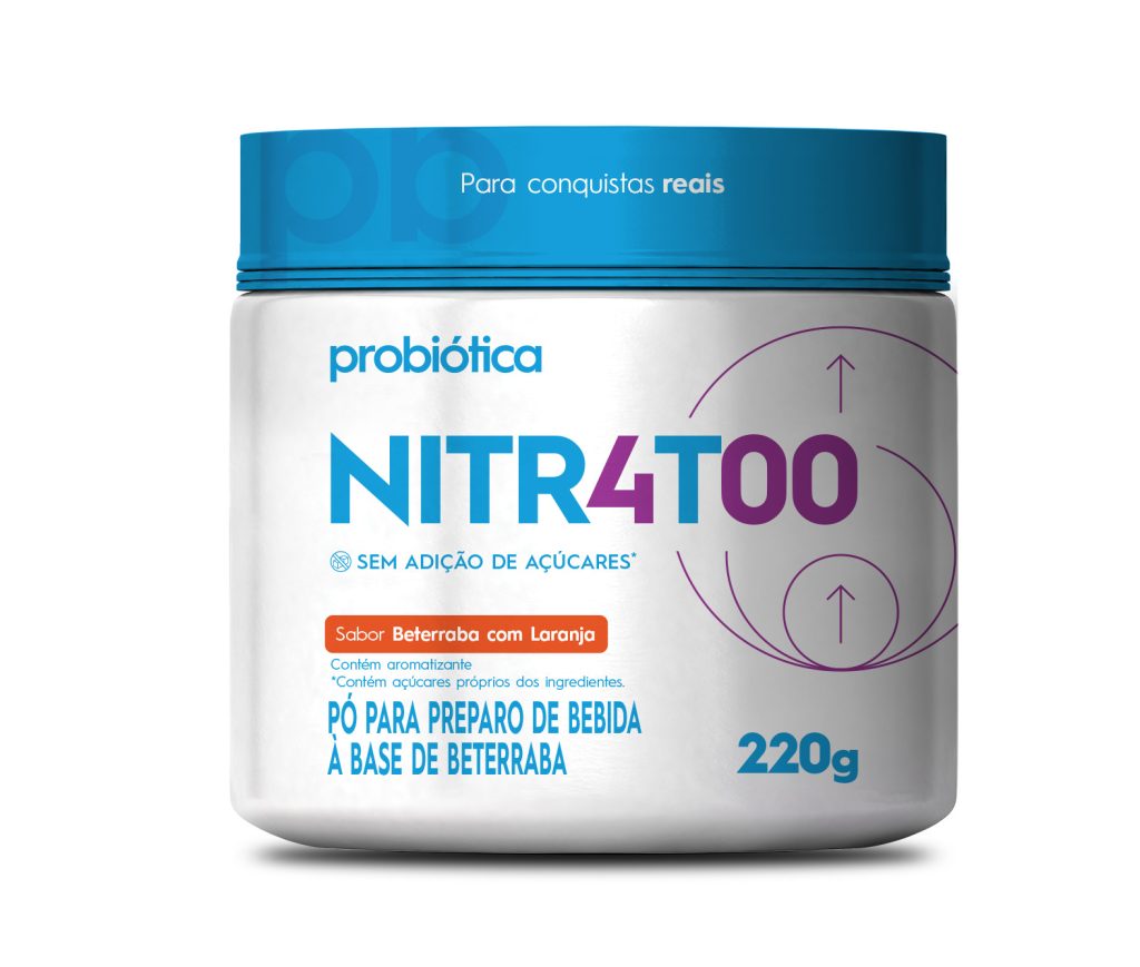 Suplemento Probiótica Nitrato em embalagem individual, focado no aumento da eficiência energética e performance em corridas de endurance.