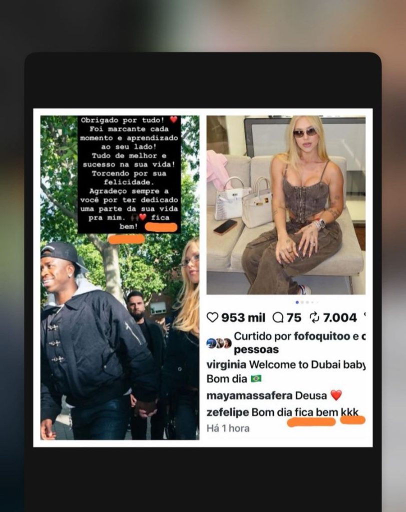 Comentário de Zé Felipe 'Bom dia, fica bem kkk' em postagem de Virginia Fonseca, interpretado como deboche a Vinícius Júnior.