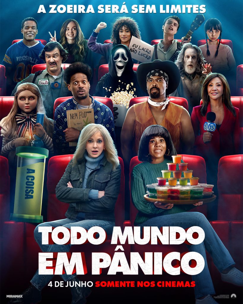 Cartaz de Todo Mundo em Pânico ambientado em uma sala de cinema, referenciando cenas clássicas de terror em teatros.
