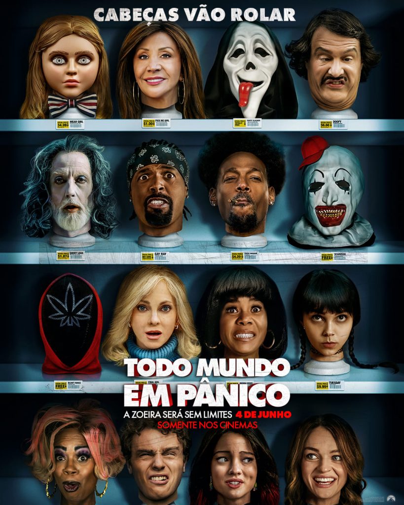 Arte promocional para redes sociais do filme Todo Mundo em Pânico destacando a estética de comédia e terror.