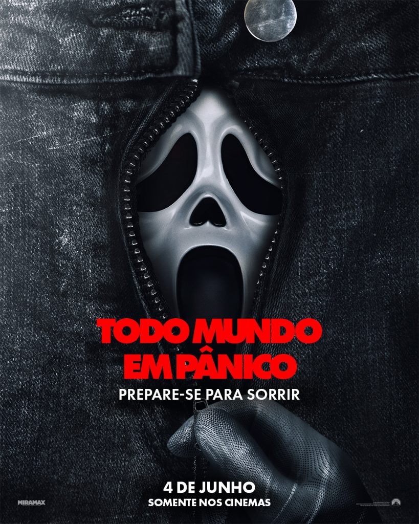 Máscara do Ghostface com um zíper na boca, pôster oficial da paródia Todo Mundo em Pânico.