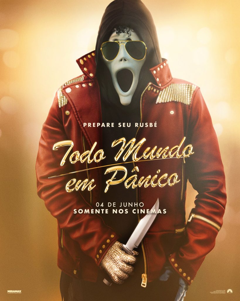 Pôster de Todo Mundo em Pânico com referência humorística a ícones da cultura pop em contexto de terror.