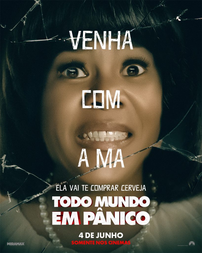 Cartaz de Todo Mundo em Pânico satirizando o filme de suspense Ma, com foco na expressão facial cômica.