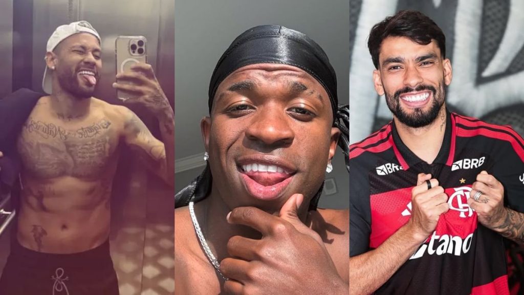 Jogadores da Seleção Brasileira de futebol reunidos em campo, representando os 26 convocados para a disputa da Copa do Mundo de 2026.