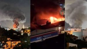 Fachada da loja Casas Bahia em Santa Bárbara D’Oeste atingida por incêndio de grandes proporções durante a noite.