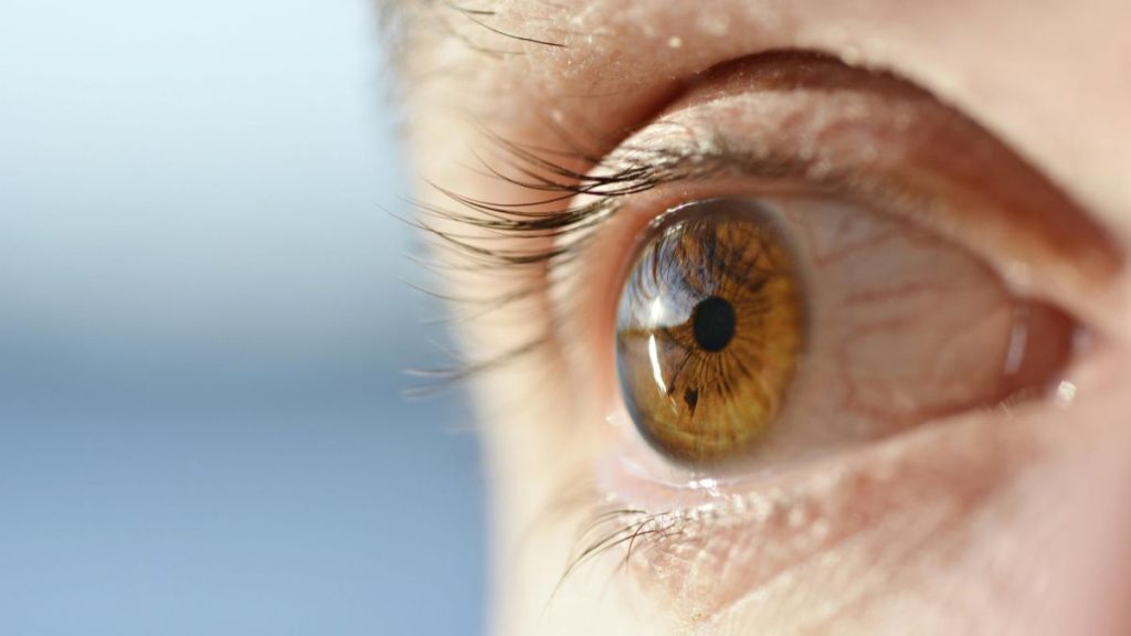 Pessoa idosa com a mão sobre os olhos, ilustrando a preocupação com a perda de visão e a cegueira irreversível.