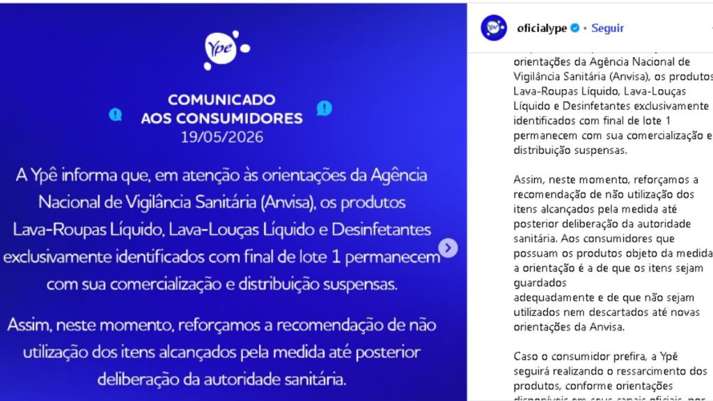 Comunicado oficial da Ypê com orientações aos consumidores sobre a suspensão de distribuição de produtos com final de lote 1.