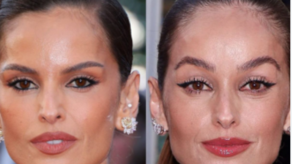 Close do rosto de Izabel Goulart em Cannes, evidenciando traços faciais e maquiagem que geraram debate sobre procedimentos estéticos.