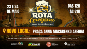 Público reunido na Praça Ana Azenha Macarenko durante a Rota Cervejeira 2026 em Sumaré, com foco em barracas de cerveja artesanal e gastronomia regional.