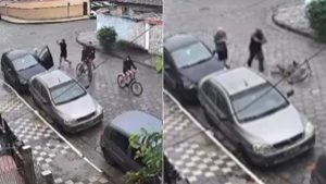 Quatro suspeitos em bicicletas abordam idoso em tentativa de assalto na Avenida Beira-Mar, em Cubatão, registrada por câmeras de monitoramento.