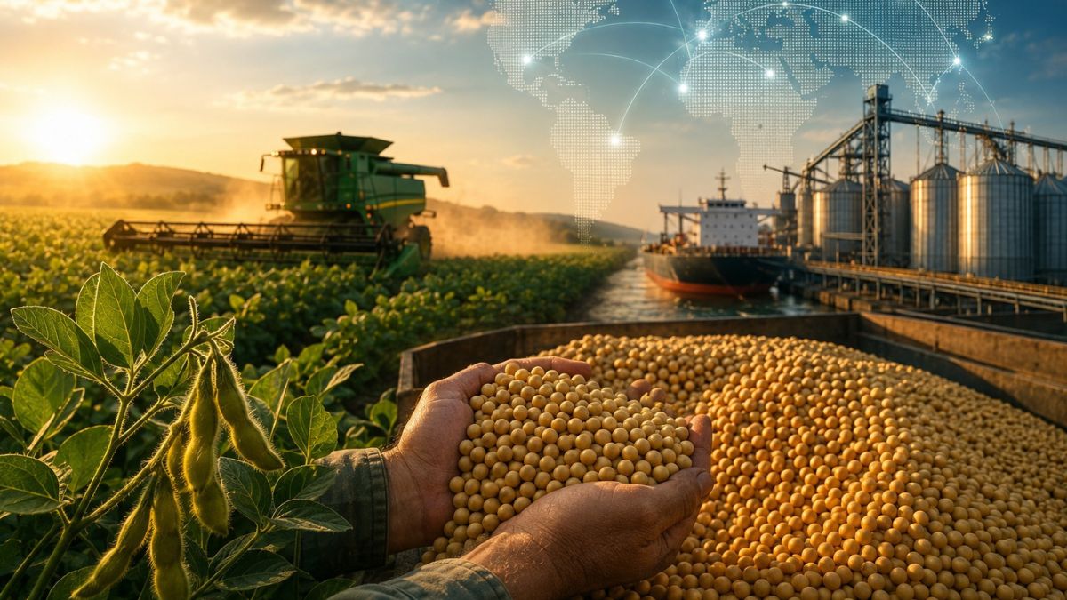 Vasta plantação de soja em solo brasileiro sob céu aberto, representando a liderança do país na produção global e segurança alimentar.