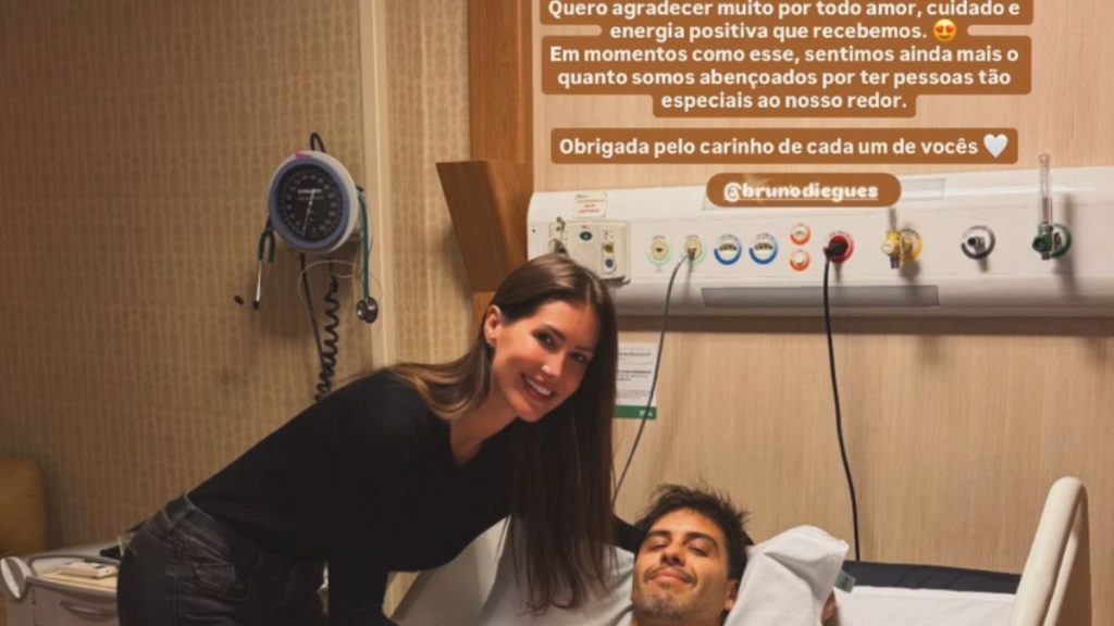 Publicação da modelo Giovanna Gonzatto no Instagram com atualizações sobre o estado de saúde e recuperação de Bruno Diegues no hospital.