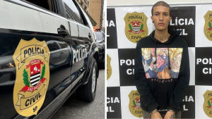 Viatura da Polícia Militar estacionada em rua de Amparo durante investigação de homicídio e esquartejamento no bairro Jardim Figueira.