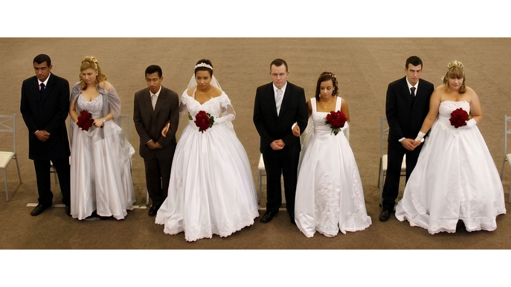 Cerimônia de casamento comunitário gratuito promovida por entidade social para casais de baixa renda.