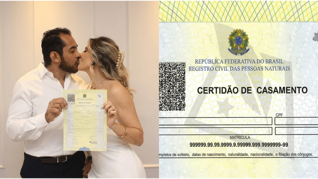 Noivos organizando documentos e comprovantes de renda para solicitação de gratuidade de casamento civil no cartório.