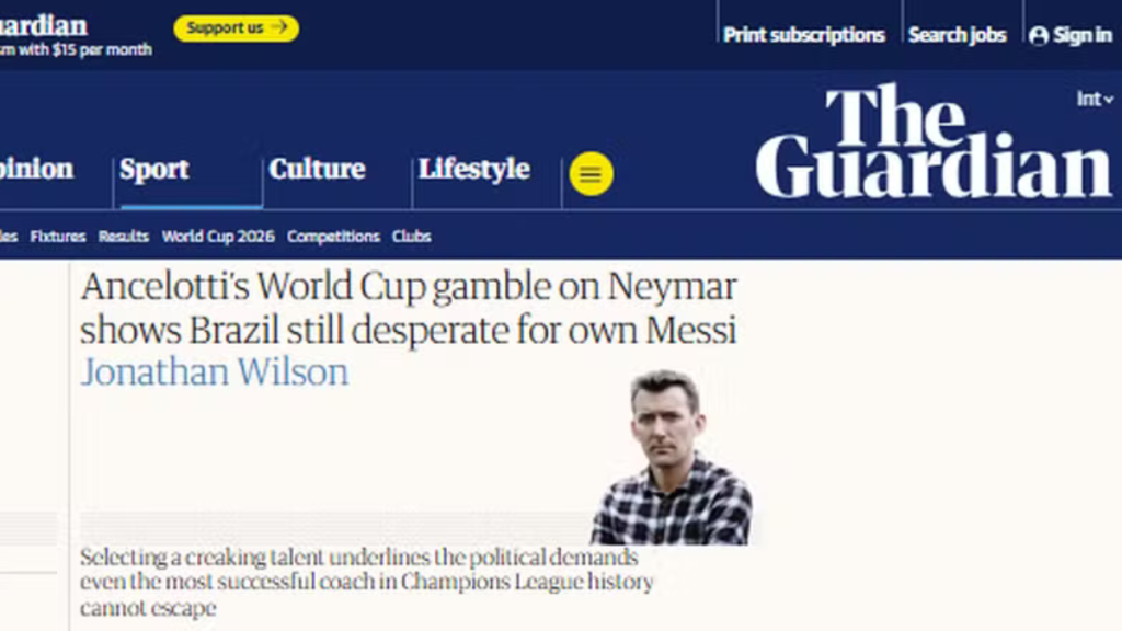 Neymar, da seleção brasileira, ilustrando a reportagem do jornal The Guardian que questiona a lógica por trás de sua convocação para o Mundial.