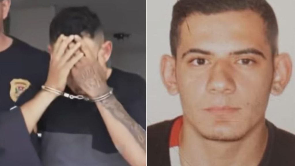 Douglas Alves da Silva sendo escoltado por agentes policiais durante seu encaminhamento ao sistema prisional após a prisão preventiva.