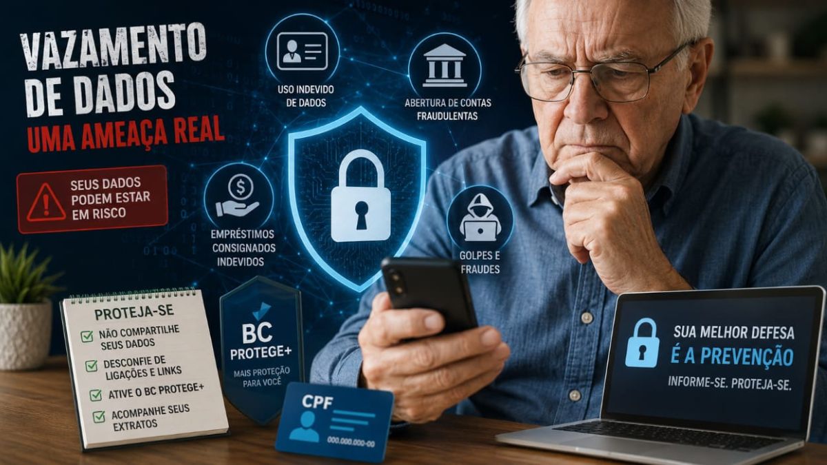Escudo digital simbolizando a proteção de dados pessoais e segurança cibernética contra fraudes decorrentes do vazamento de informações de segurados do INSS.