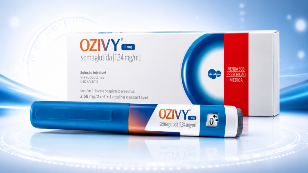 Caneta aplicadora de semaglutida para administração subcutânea do medicamento Ozivy, utilizado no tratamento de diabetes tipo 2.