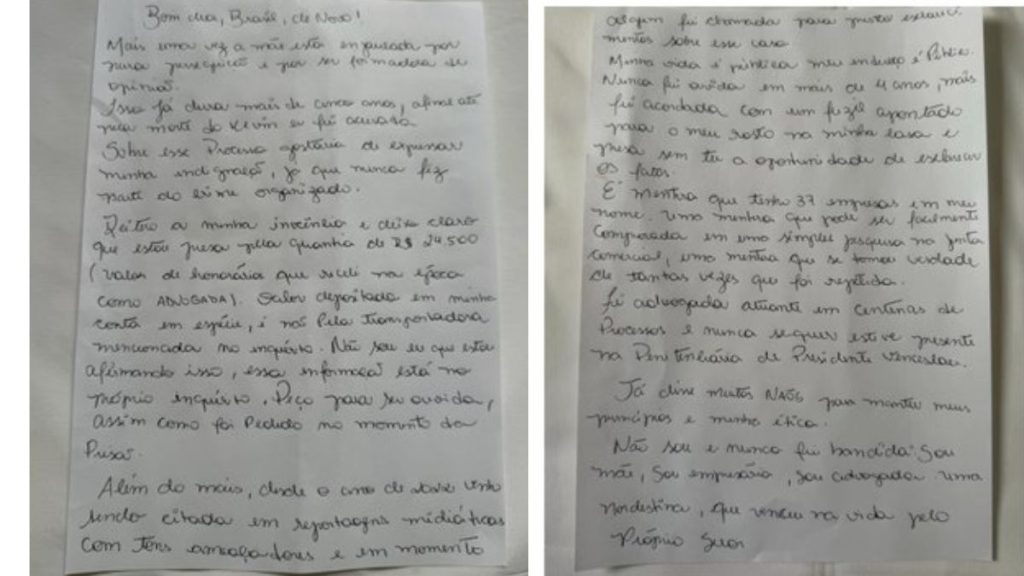 Representação da influenciadora Deolane Bezerra associada ao manuscrito redigido na prisão, onde ela expressa indignação e nega envolvimento com o crime organizado.