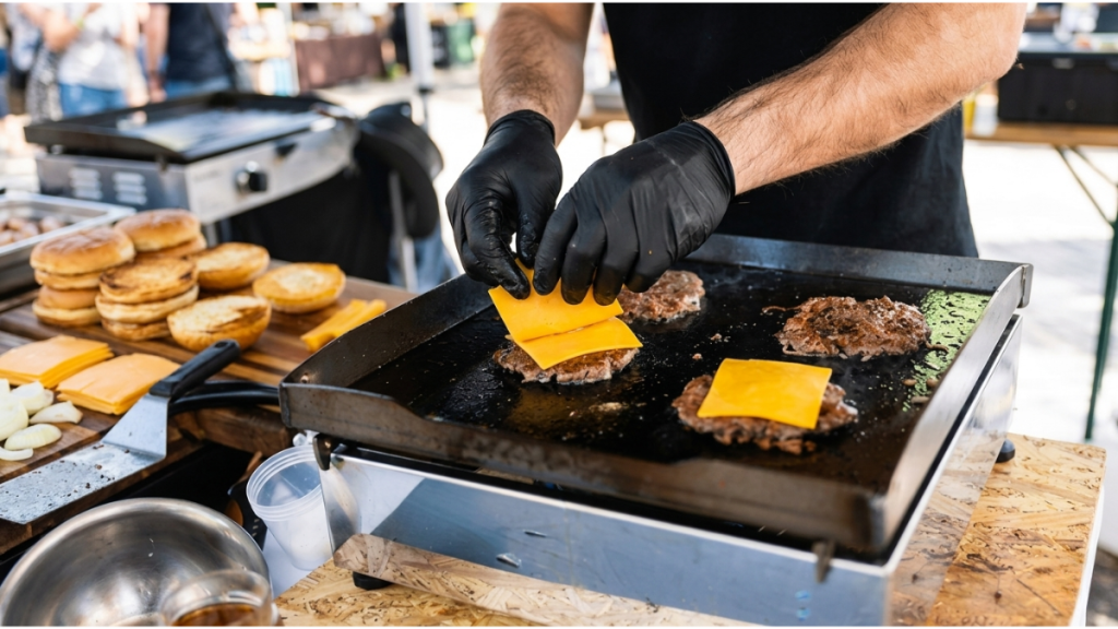Hambúrguer artesanal de carne Angus sendo preparado em uma grelha de parrilla, ilustrando o processo de produção profissional e o uso de insumos premium.
