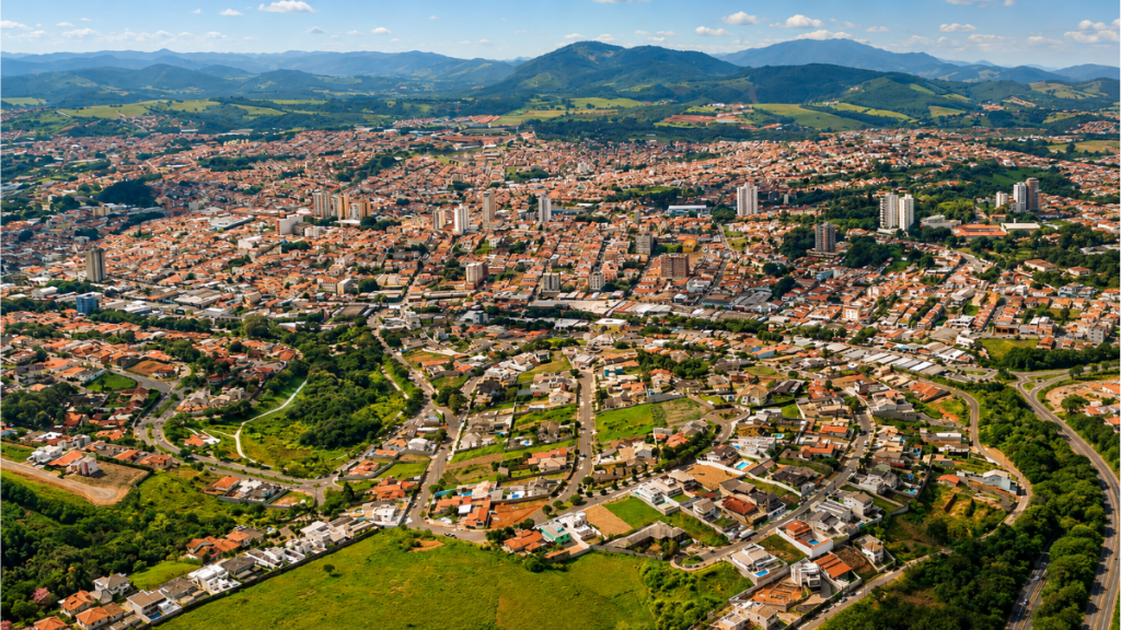 Paisagem urbana de Bragança Paulista com foco em áreas residenciais e infraestrutura, exemplificando os altos índices de moradia e saneamento básico citados no relatório SECOM.