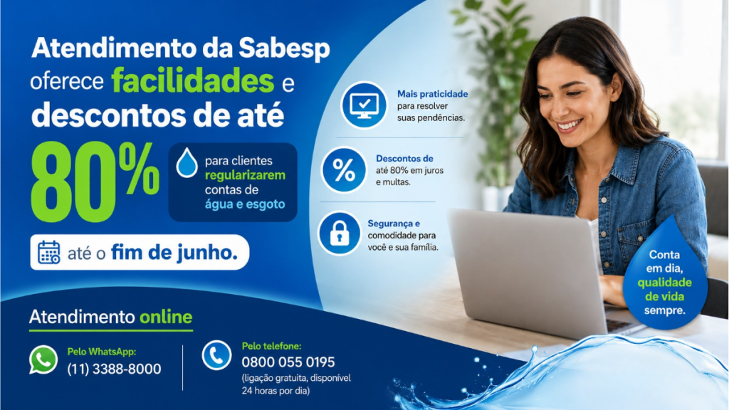 Atendente da Sabesp prestando suporte ao cliente para renegociação de faturas atrasadas com descontos de até 80% na campanha Acertando Suas Contas.