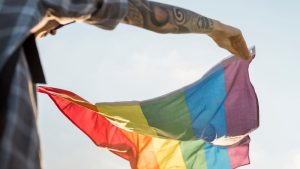 Pessoas diversas celebrando com bandeiras do arco-íris em uma manifestação por direitos e visibilidade da comunidade LGBTI+.