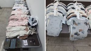 Kits de roupas infantis da marca Carter's recuperados pela Guarda Civil Municipal após furto em loja de departamento no Shopping Tivoli.