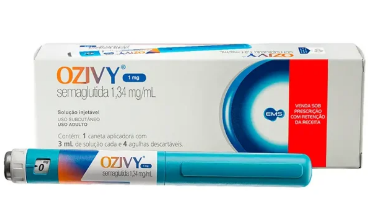 Caneta de semaglutida Ozivy da farmacêutica EMS, a primeira versão 100% brasileira aprovada pela Anvisa para tratamento de diabetes tipo 2.
