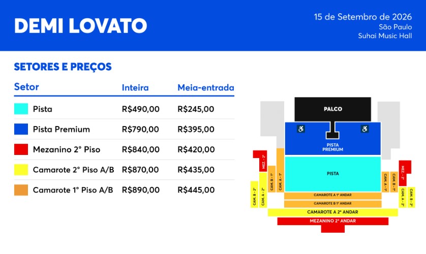 Mapa de setores da Suhai Music Hall para o show de Demi Lovato em São Paulo, detalhando as áreas de Pista, Pista Premium, Mezanino e Camarotes.