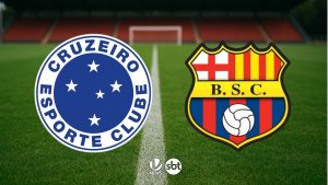 Escudos de Cruzeiro e Barcelona de Guayaquil centralizados sobre o gramado do Estádio Mineirão, ilustrando o confronto decisivo pela fase de grupos da Copa Libertadores.