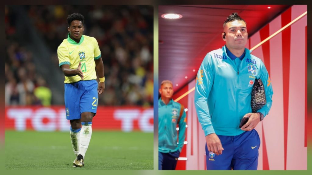 O jogador Casemiro com uniforme de treino da Seleção Brasileira durante coletiva de imprensa, explicando sua declaração sobre o atacante Endrick.