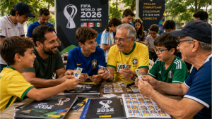 Colecionadores reunidos em mesas no Prado Boulevard Shopping em Campinas para trocar figurinhas do álbum da Copa de 2026.