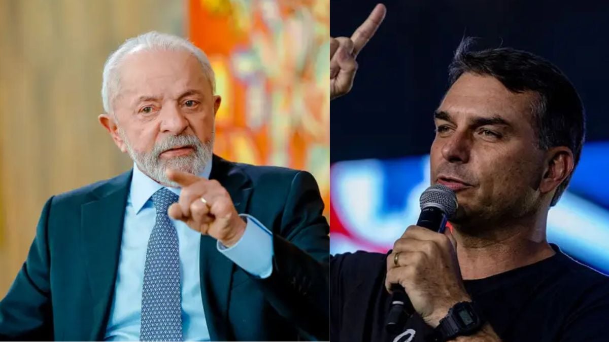 Montagem fotográfica com o presidente Lula e o senador Flávio Bolsonaro, representando o embate político sobre a soberania nacional e a classificação de facções criminosas.