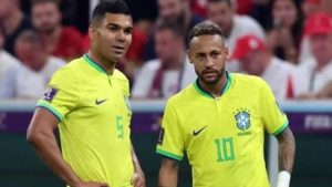 Casemiro durante entrevista coletiva na Granja Comary falando sobre a recuperação de Neymar e a preparação da Seleção Brasileira para a Copa de 2026.
