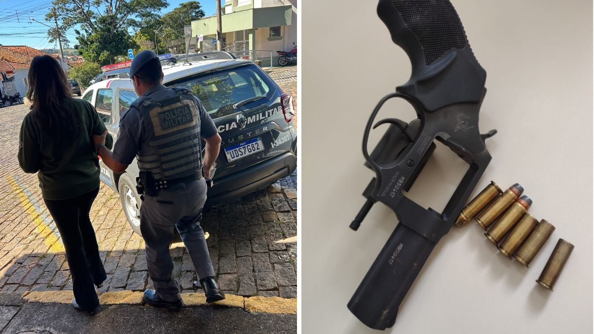 Revólver e munições apreendidos pela Polícia Militar após ocorrência de disparos de arma de fogo em Piracaia.