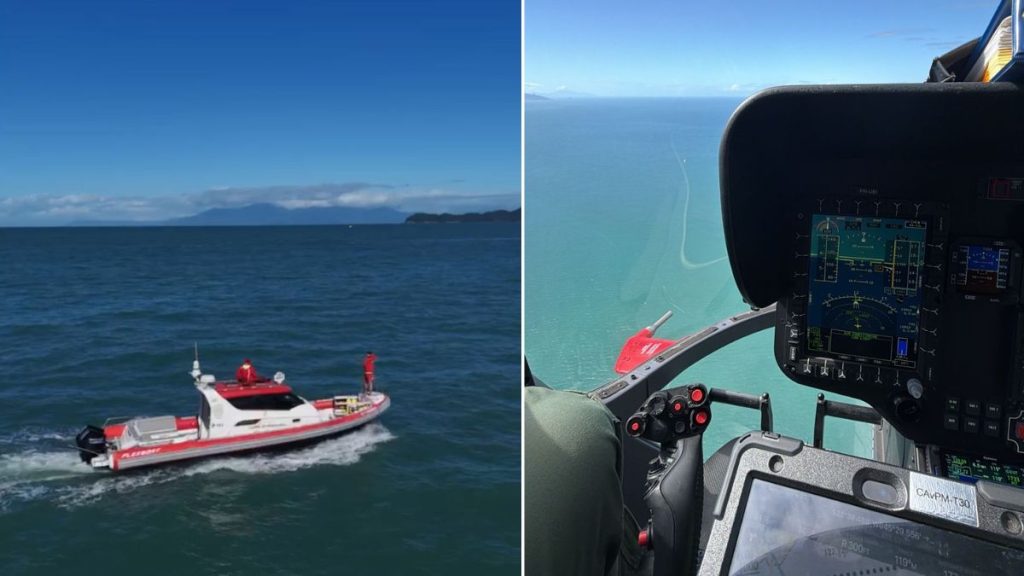 Embarcação do Grupamento de Bombeiros Marítimo (GBMar) realizando buscas por Dheoge Pereira no mar de Ilhabela.