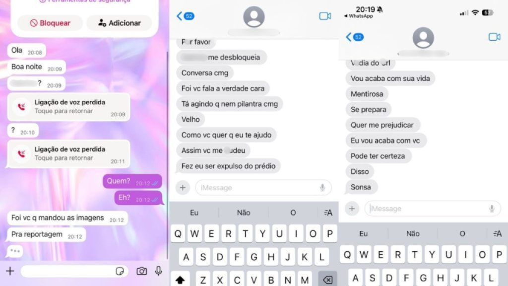 Captura de tela de mensagens de texto contendo ameaças de morte e promessas de novos ataques enviadas pelo agressor à vítima após o episódio no elevador.