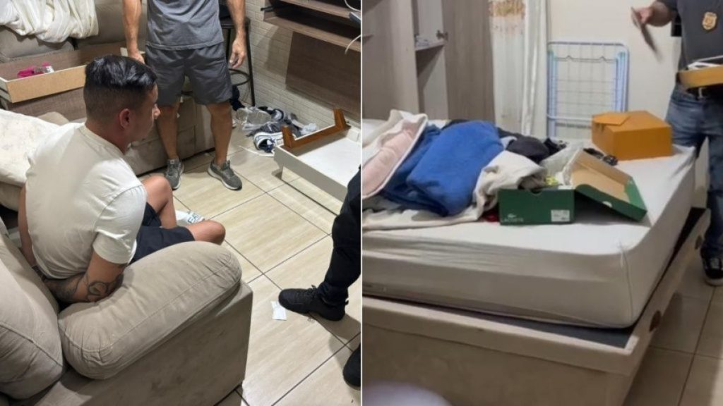 Materiais apreendidos pela Polícia Civil, incluindo dinheiro em espécie, cartões e celulares, durante a prisão de Jonas de Oliveira por agressão e estelionato.
