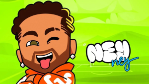 Neymar Jr. com a camisa da Seleção Brasileira em destaque para o anúncio da franquia de animação Ney Ney e sua participação na Copa do Mundo.