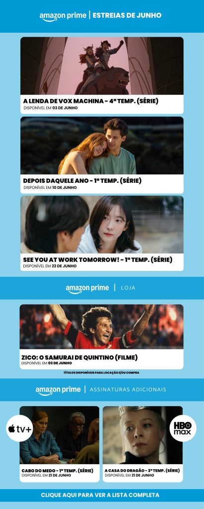 Infográfico oficial com o calendário de estreias de junho no Prime Video, apresentando datas de lançamentos como Os Estranhos: Capítulo 2 e a nova temporada de A Casa do Dragão.