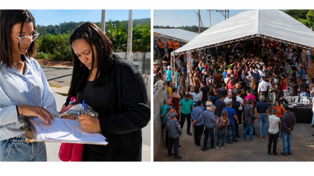 Famílias beneficiadas recebendo as chaves das novas moradias no Conjunto Habitacional Bragança F3, celebrando a entrega das casas após 22 anos de espera em Bragança Paulista.